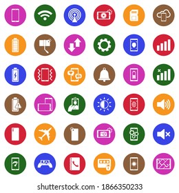 Mobile Phone Icons. White Flat Collection In Circle. Vector Illustration.