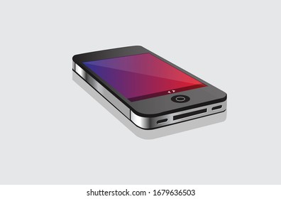 Mobile phone illustration in perspective on a dark black reflective background with colourful screen and glossy screen