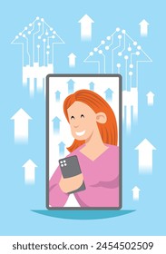 Mobile phone with image of a lady smiling while holding a phone in her hand, with arrows going up and blue background