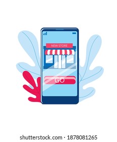 Mobile phone image with the store on the screen. Vector illustration in a flat style on the theme of an online store.