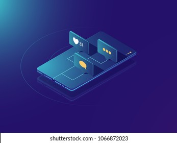 Mobile Phone Income Message Notification, Social Media Network Concept, Comments And Like Icons, Neon Isometric Vector