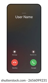 Mobile phone incoming call UI showing caller name, message, remind me, and call action buttons.