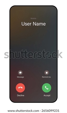 Mobile phone incoming call UI showing caller name, message, remind me, and call action buttons.