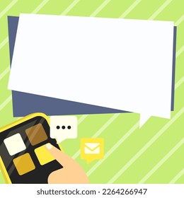 Teléfono móvil con información en la pantalla. Ilustración de color brillante con información importante. Gran burbuja de habla blanca para el texto. Agenda. Se Mostraron Actualizaciones Críticas.