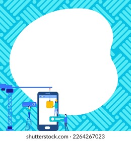 Mobile phone with information on the screen. Bright color illustration with important information. Big white speech bubble for text. Agenda. Critical Updates Displayed.