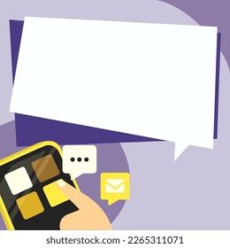 Teléfono móvil con información en la pantalla. Ilustración de color brillante con información importante. Gran burbuja de habla blanca para el texto. Agenda. Se Mostraron Actualizaciones Críticas.
