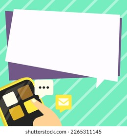 Mobile phone with information on the screen. Bright color illustration with important information. Big white speech bubble for text. Agenda. Critical Updates Displayed.