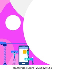Mobile phone with information on the screen. Bright color illustration with important information. Big white speech bubble for text. Agenda. Critical Updates Displayed.