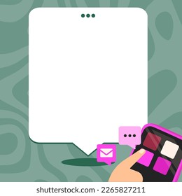 Mobile phone with information on the screen. Bright color illustration with important information. Big white speech bubble for text. Agenda. Critical Updates Displayed.