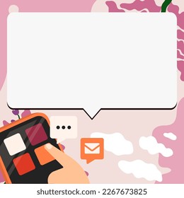 Mobile phone with information on the screen. Bright color illustration with important information. Big white speech bubble for text. Agenda. Critical Updates Displayed.