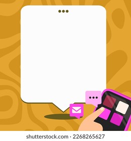 Mobile phone with information on the screen. Bright color illustration with important information. Big white speech bubble for text. Agenda. Critical Updates Displayed.