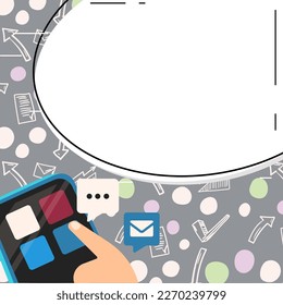 Mobile phone with information on the screen. Bright color illustration with important information. Big white speech bubble for text. Agenda. Critical Updates Displayed.