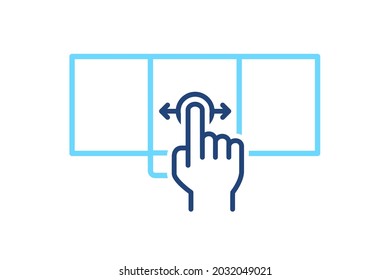 Mobile phone with interface carousel in left and right sides. Smartphone with phone swipe gesture blue line icon. Simple social media element