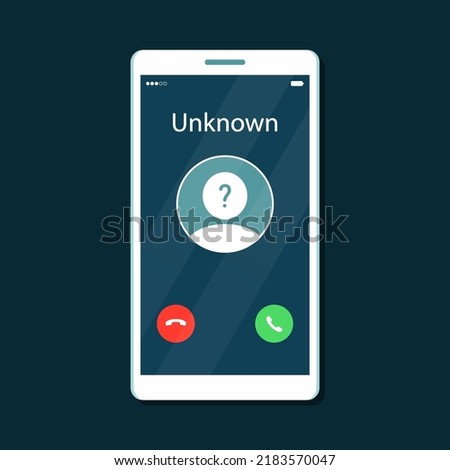 Mobile phone interface with incoming call from unknown caller and accept or reject call buttons. Isolated vector illustration in flat cartoon style.