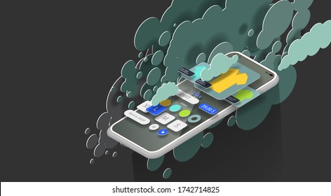 Mobile phone with the interface of an online clothing store in isometrics and green circles. Vector banner