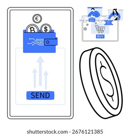 Interfaz de teléfono móvil que envía Bitcoin, Euro y Dólar usando billetera digital. Cesta de la compra con mercancías, proceso del pago, tarjeta de crédito, cashback, nube del porcentaje. Ideal para el comercio electrónico digital