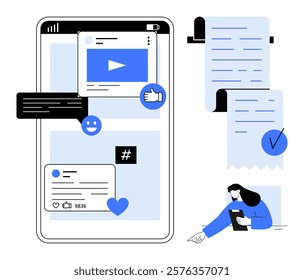 A mobile phone interface showcasing social media engagement metrics like likes, comments, and views. Features a person working on a tablet. Ideal for social media, content creation, digital