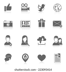 Mobile phone interface social media applications black icons set isolated vector illustration