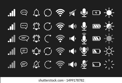 Mobile phone interface vector icons. Phone sound and silent, signal and security, charge and wifi icon for display, bell shake battery and connected smartphone indicators