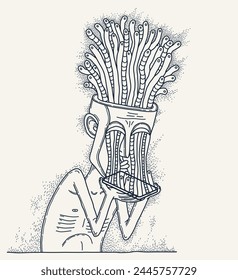 Mobile phone internet addiction, vector illustration of addicted man holding a phone with worms growing from it, brain damaging and degradation.