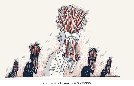 Dependência de internet por telefone celular, ilustração vetorial de homem viciado segurando um telefone com vermes crescendo a partir dele, danos cerebrais e degradação.