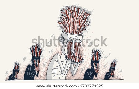 Mobile phone internet addiction, vector illustration of addicted man holding a phone with worms growing from it, brain damaging and degradation.