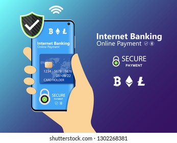 mobile phone and internet banking. online payment security transaction via credit card. protection shopping wireless pay through smartphone. digital technology transfer pay. 
