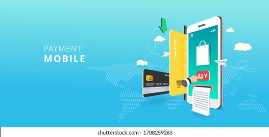 Mobile phone and internet banking. Online payment transaction via credit card. Payment Mobile concept on world map background. Vector illustration