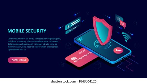 Mobile phone and internet banking security concept. Online payment and secure transaction via credit card. 