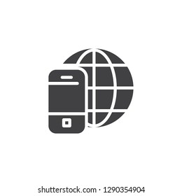 Mobile phone internet network vector icon. filled flat sign for mobile concept and web design. Smartphone with globe simple solid icon. Symbol, logo illustration. Pixel perfect vector graphics