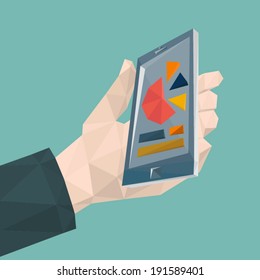 Mobile phone (iPhone) in hand icon by triangles, polygon vector illustration