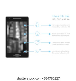 Mobile phone isolated, realistic vector illustration, blurred image on phone screen with icons, infographic elements