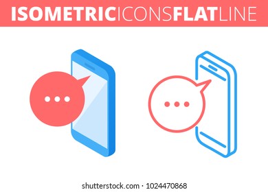The mobile phone. Isometric flat and outline icon set. The smart phone with sms message bubble line pictogram collection. Vector linear infographic elements. The smartphone outlined symbols.