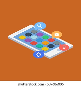 Mobile phone isometric and icons vector illustraion