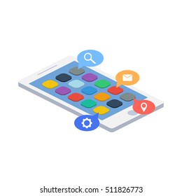 Mobile phone isometric and icons vector illustraion