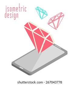 Mobile phone in isometric projection.  Vector illustration in flat design of diamond and electronic device
