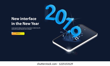 mobile phone in isometric view and figures 2019 on black background