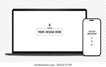 Maqueta de teléfono móvil y computadora portátil. Ilustración vectorial de Plantilla de pantalla de dispositivos digitales con fondo transparente.