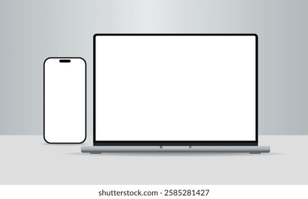 Mobile phone and laptop. Mockup of  laptop with phone with a white screen for advertising, design on light background