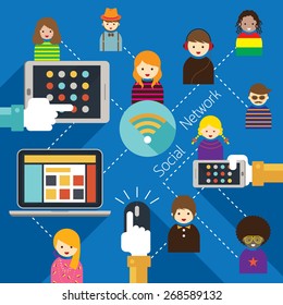 Mobile Phone, Laptop, Tablet with People Social Network  Concept, Media, Business Marketing