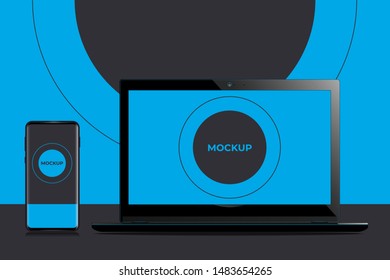 Mobile phone and laptop. Two devices for the layout in dark colors on a blue background. Mockup for web, advertising, presentation.