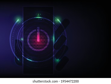 Mobile phone in left hand hold on fingers,blue background with line circle around mobile phone and bright dot color by hitech vector.