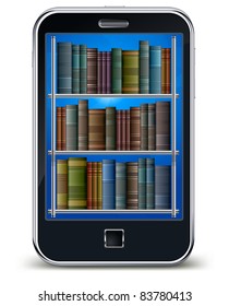 Mobile phone with library of books on the screen, scientific concept, vector illustration