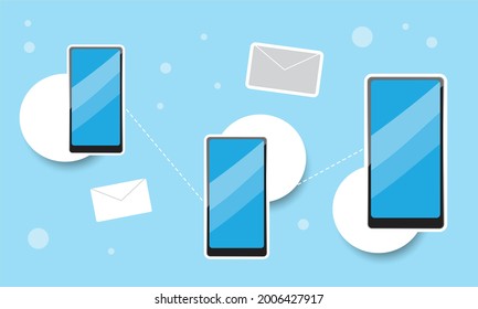 Teléfono móvil ฺ, fondo azul claro, concepto de comunicación por correo electrónico conveniente, gráficos vectoriales