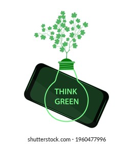 Mobile phone, light bulb with green IT symbol. Environmental protection concept. Digital sustainability.