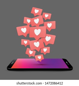 Mobile phone likes and comments 3d realistic vector illustration. Black smartphone perspective view. Social media app concept. SMM, blogging. Telephone with speech bubbles and hearts isometric clipart