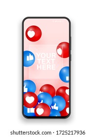 Me gusta el teléfono móvil y el corazón 3d ilustración vectorial realista. Vista frontal del smartphone negro. Concepto de aplicación de medios sociales. SMM, blogueando. Teléfono con ilustración de vector de me gusta y corazón