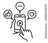 Mobile Phone Line click likes, comments and loves Icon photo and video. Hand holding smartphone.