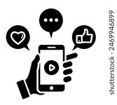 Mobile Phone Line click likes, comments and loves Icon photo and video. Hand holding smartphone.