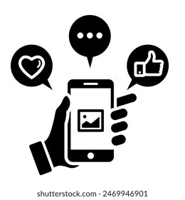 Mobile Phone Line click likes, comments and loves Icon photo and video. Hand holding smartphone.